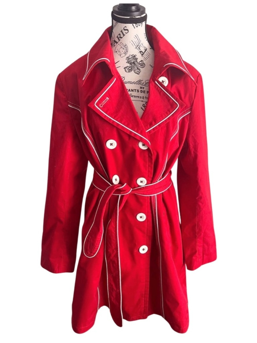 Red Waterproof Trench Coat Belted Double Breasted Jacket Military Size XL